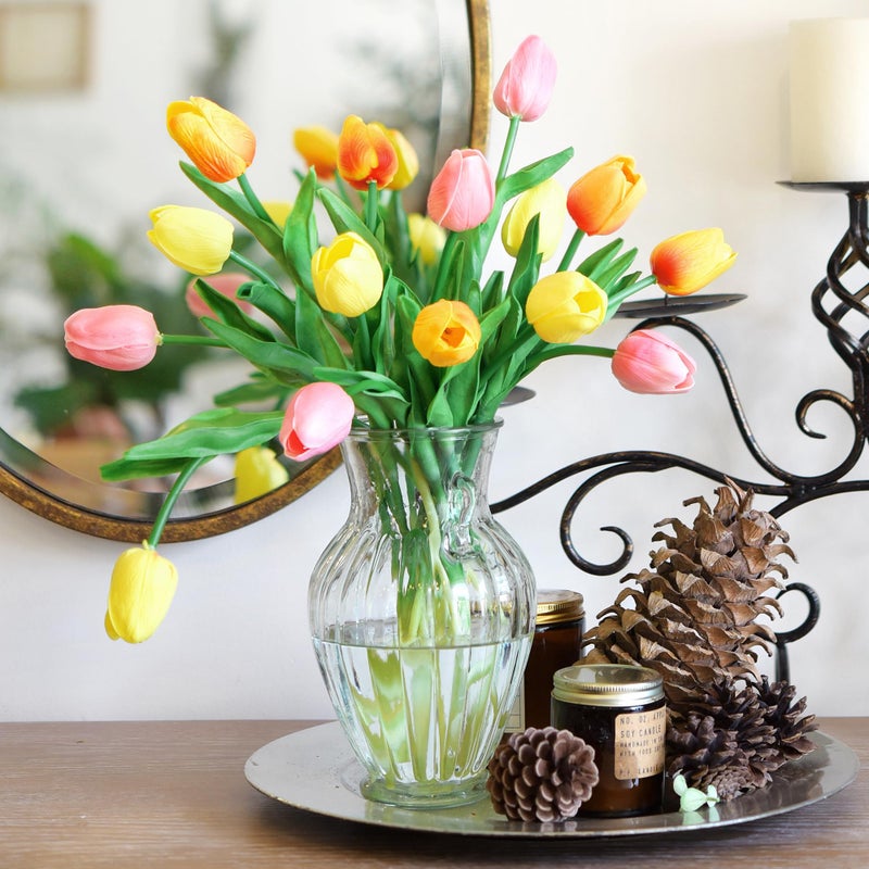 FiveSeasonStuff Orange, Yellow & Pink 15 Stems Real Touch Artificial Tulips, Soft PU Faux Flowers with Bendable Stems for Vase Centerpieces, Home & Wedding Decor - Image 3